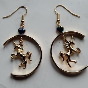 Unicorn heart semi hoop dangle gold tone earrings small little heart fish hook